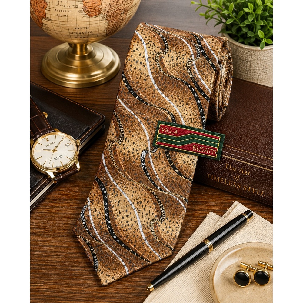 Villa Bugatti 100% Silk Designer Necktie Brown Tan Abstract Wave Pattern
